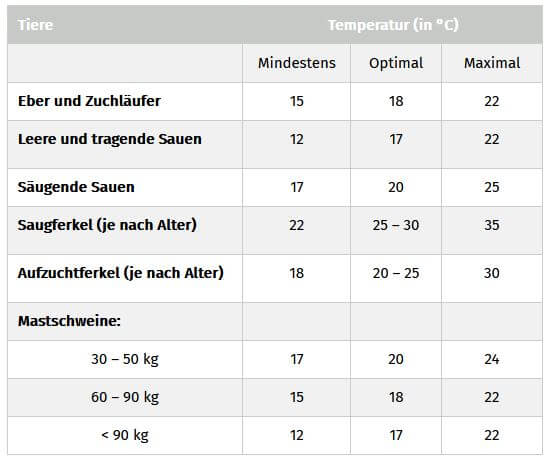 Richtwerte Lufttemperatur Schweinestall ActivePro Tabelle zu den Richtwerte der Lufttemperatur im Schweinestall | ActivePro